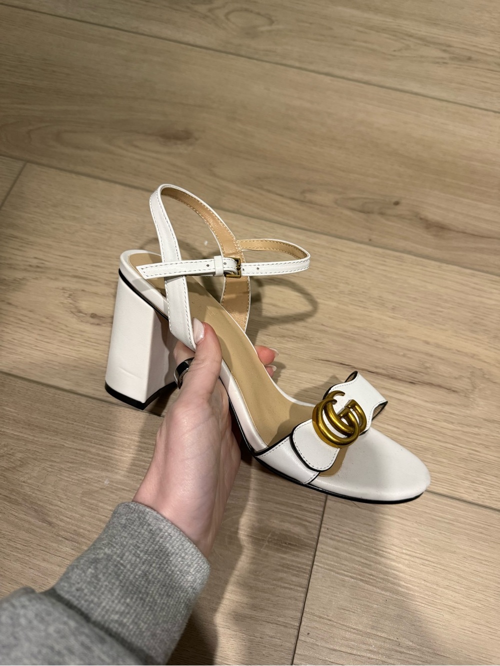 White Leather Block Heel Sandals with Gold Accent
